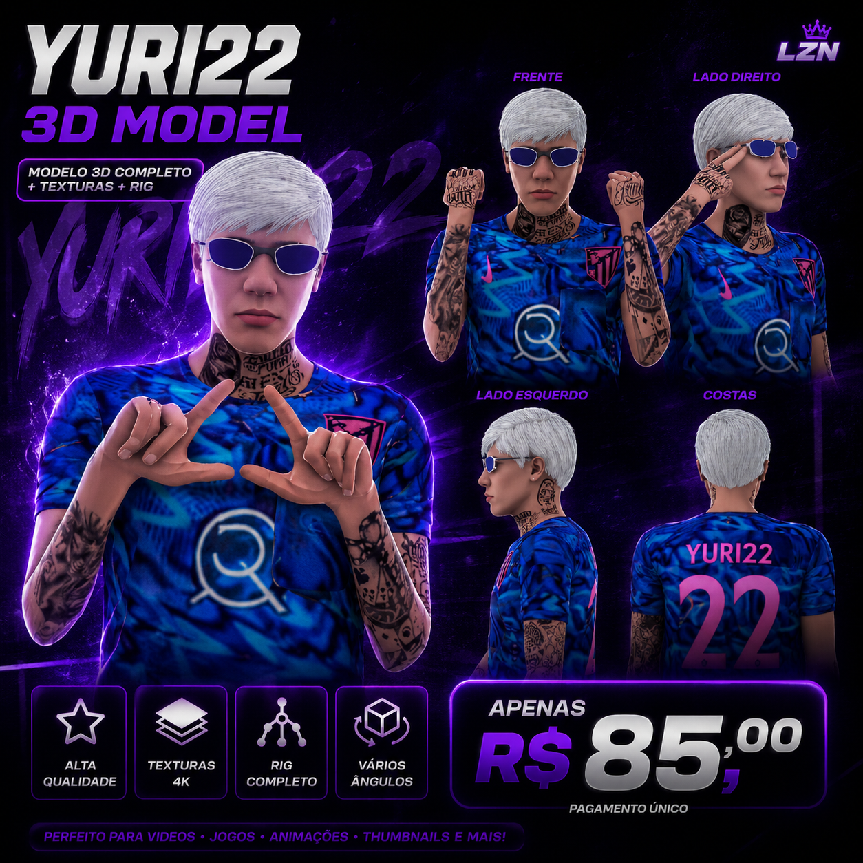 Yuri22 3D Model completo com texturas 4K, rig e vários ângulos por R$ 85,00